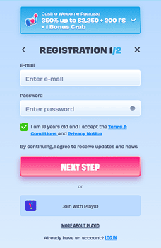 OnlySpins Australia registration form step one requesting email and secure password