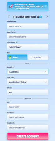 OnlySpins Australia registration final step requesting personal details address and AUD currency