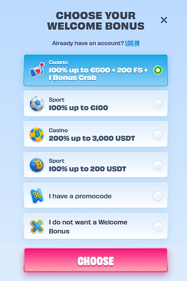 Choose your welcome bonus during registration