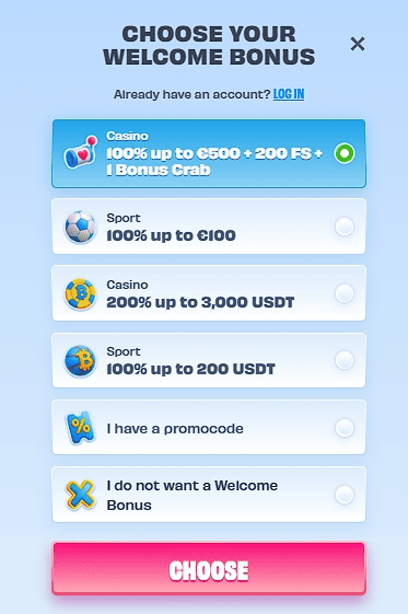 Choisir votre bonus de bienvenue à l'inscription