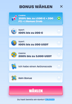 OnlySpins Registrierung Willkommensbonus Auswahl mit Casino- und Sportbonus-Optionen