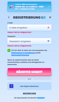 OnlySpins Registrierungsformular Schritt eins mit E-Mail-Adresse und sicherem Passwort