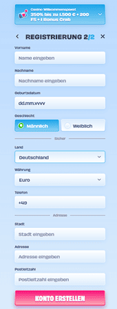 OnlySpins Registrierung letzter Schritt mit persönlichen Daten Adresse und Währung