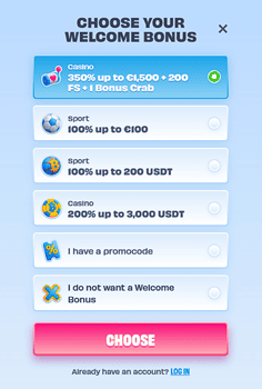 OnlySpins registration welcome bonus selection screen showing casino and sports bonus options
