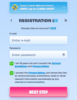 OnlySpins registration form step one requesting email address and secure password
