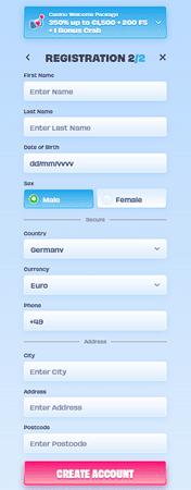 OnlySpins registration final step requesting personal details including name date of birth address and currency