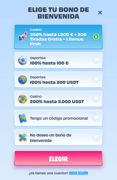 Pantalla de selección de bono de bienvenida de OnlySpins España con opciones de casino y deportes