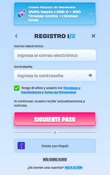 Formulario de registro OnlySpins España paso uno con correo electrónico y contraseña segura