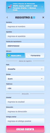 Último paso del registro OnlySpins España con datos personales dirección y divisa