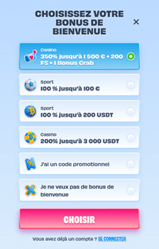 Écran de sélection du bonus de bienvenue OnlySpins France avec options casino et sport