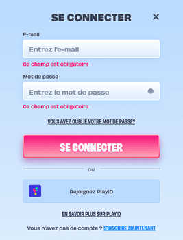 Écran de connexion OnlySpins France avec champs e-mail et mot de passe pour un accès sécurisé