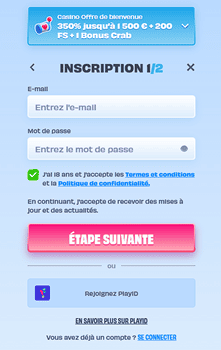 Formulaire d'inscription OnlySpins France étape un avec e-mail et mot de passe sécurisé