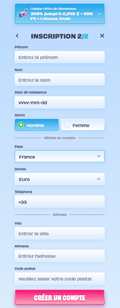 Dernière étape d'inscription OnlySpins France avec données personnelles adresse et devise