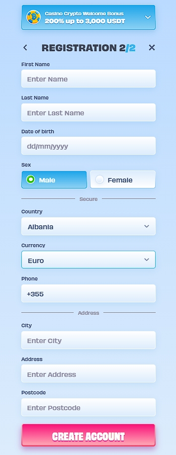 Fill player profile fields and choose account currency